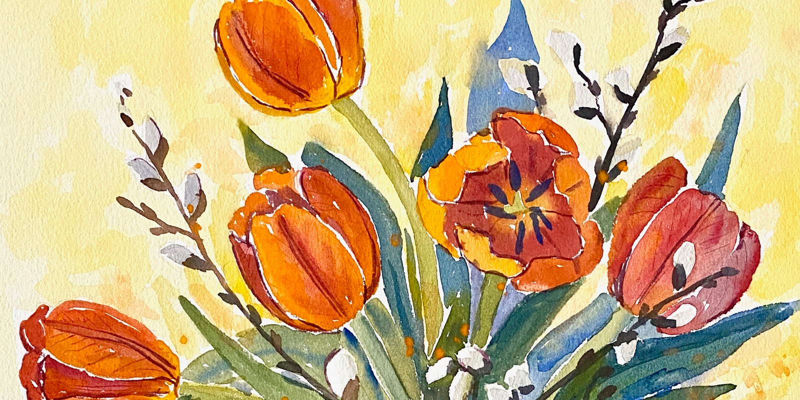 Impressionistisches Aquarell mit 5 Tulpen und Weidekätzchen stark zugeschnitten